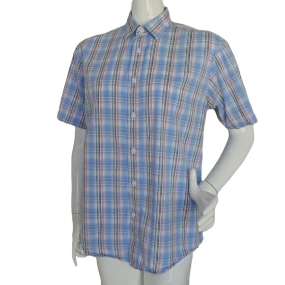 JAMES CAMPBELL Shirt, M, Blue Plaid, Short sleeves, Button down, Cotton - Picture 3 of 12